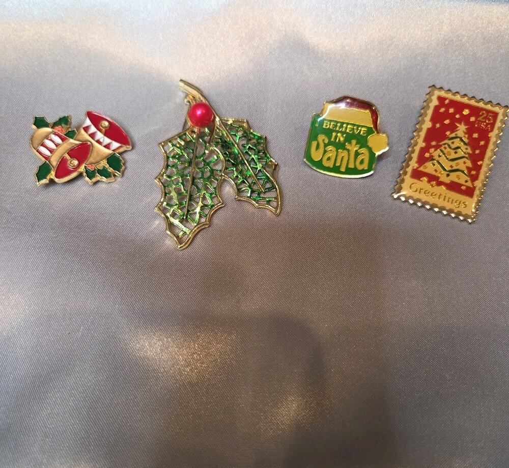 Vintage Christmas Pin Brooch Lot of 4 Santa Bells Holly Holiday Enamel